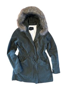 Banana Republic Sz XS Hooded Twill Parka Jacket Coat Faux Fur Peat Green/Olive